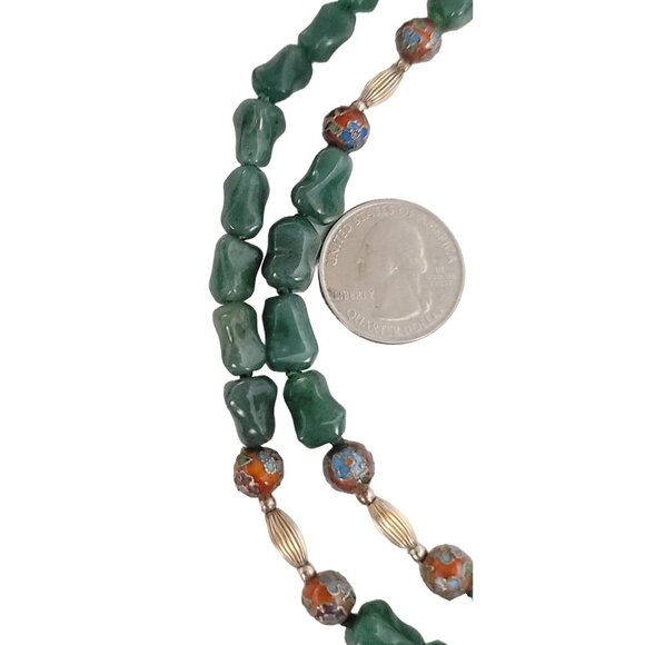 Silver Chinese Export Red Cloisonné, Aventurine Knotted Bead Necklace 30" L E869 - Picture 10 of 12